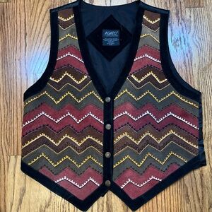 VTG 90s Agapo Vest Boho Southwestern Chevron Leather Hippie Snap Western PM